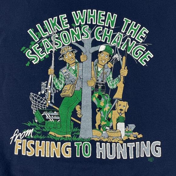 Vintage Fishing to Hunting Mens Funny Comedy Gag Gift Navy Crewneck Size Large - Picture 3 of 8